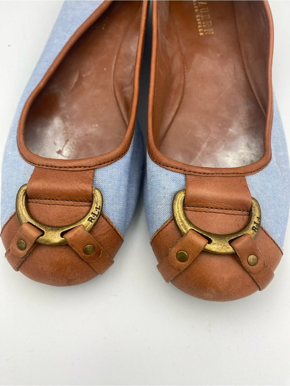 Lauren Ralph Lauren Light Blue Canvas & Brown Leather Ballet Flats